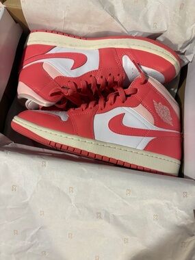 Nike Air Jordan 1 Mid Coral Pink and White Sneakers
